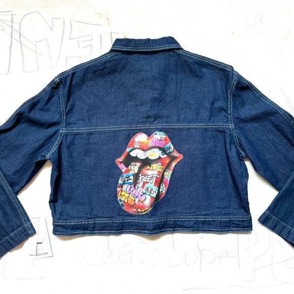 Denim Jacket with The Rolling Stones Transfer Sticker Print on the Back. - Picture 2 of 8
